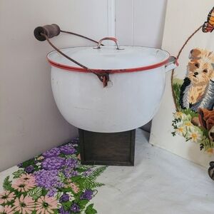 Vintage White Enamel Stock Pot with Red Trim Wooden Handle